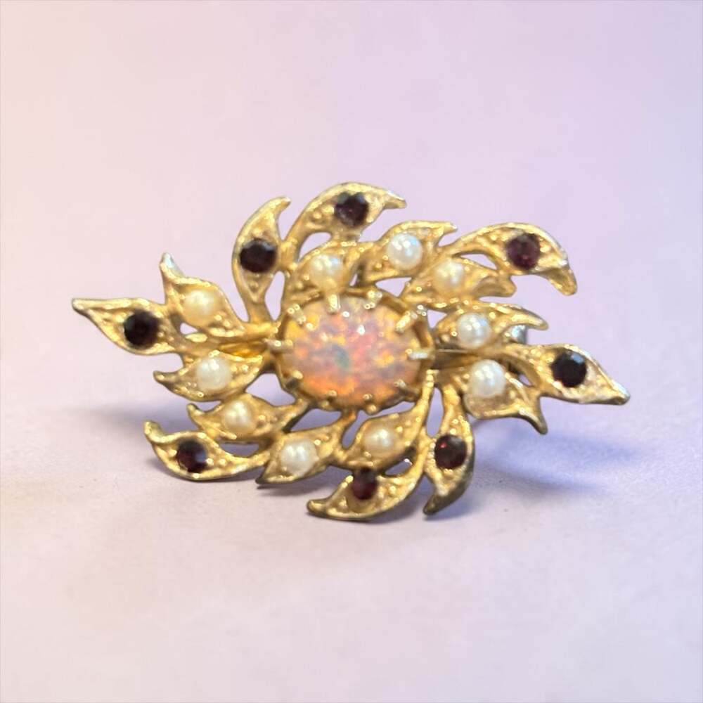 Opal Glow Sunburst Brooch Burgundy Rhinestones Faux Pearls Vintage Gold Tone